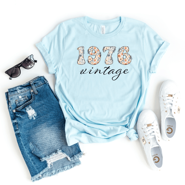 T-Shirt-1976 Vintage (Floral) T-Shirt-S-Heather Ice Blue-Jack N Roy