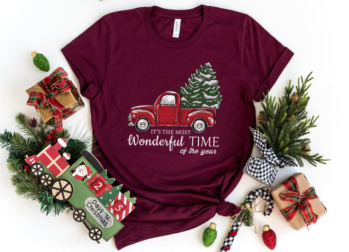 Shirts & Tops-Christmas Truck T-Shirt-S-Maroon-Jack N Roy