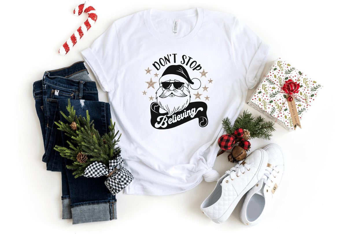 T-Shirt-Don't Stop Believing (Santa) T-Shirt-S-White-Jack N Roy