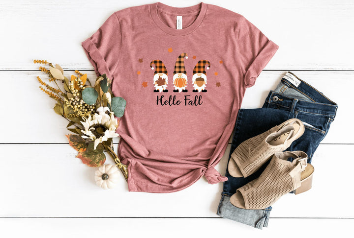Shirts & Tops-Hello Fall Gnomes T-Shirt-S-Heather Mauve-Jack N Roy