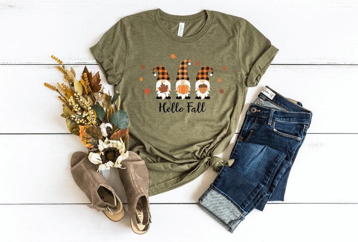 Shirts & Tops-Hello Fall Gnomes T-Shirt-S-Heather Olive-Jack N Roy
