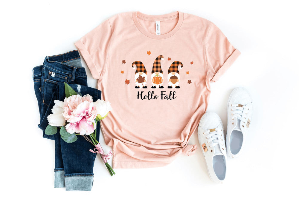 Shirts & Tops-Hello Fall Gnomes T-Shirt-S-Heather Peach-Jack N Roy