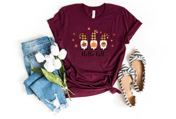 Shirts & Tops-Hello Fall Gnomes T-Shirt-S-Maroon-Jack N Roy