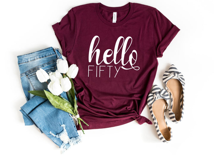 Shirts & Tops-Hello Fifty T-Shirt-S-Maroon-Jack N Roy