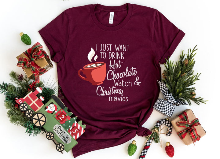 Shirts & Tops-Hot Chocolate & Christmas Movies T-Shirt-S-Maroon-Jack N Roy