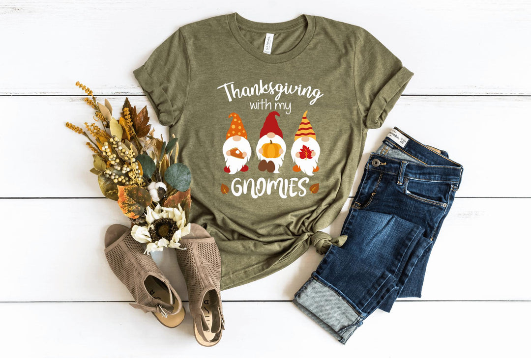 Shirts & Tops-Thanksgiving Gnomies T-Shirt-S-Heather Olive-Jack N Roy