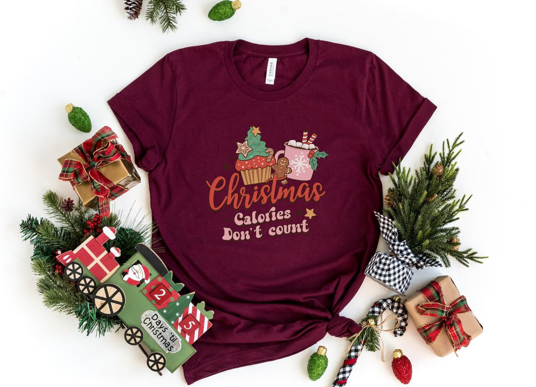 Shirts & Tops-Christmas Calories Don't Count T-Shirt-S-Maroon-Jack N Roy
