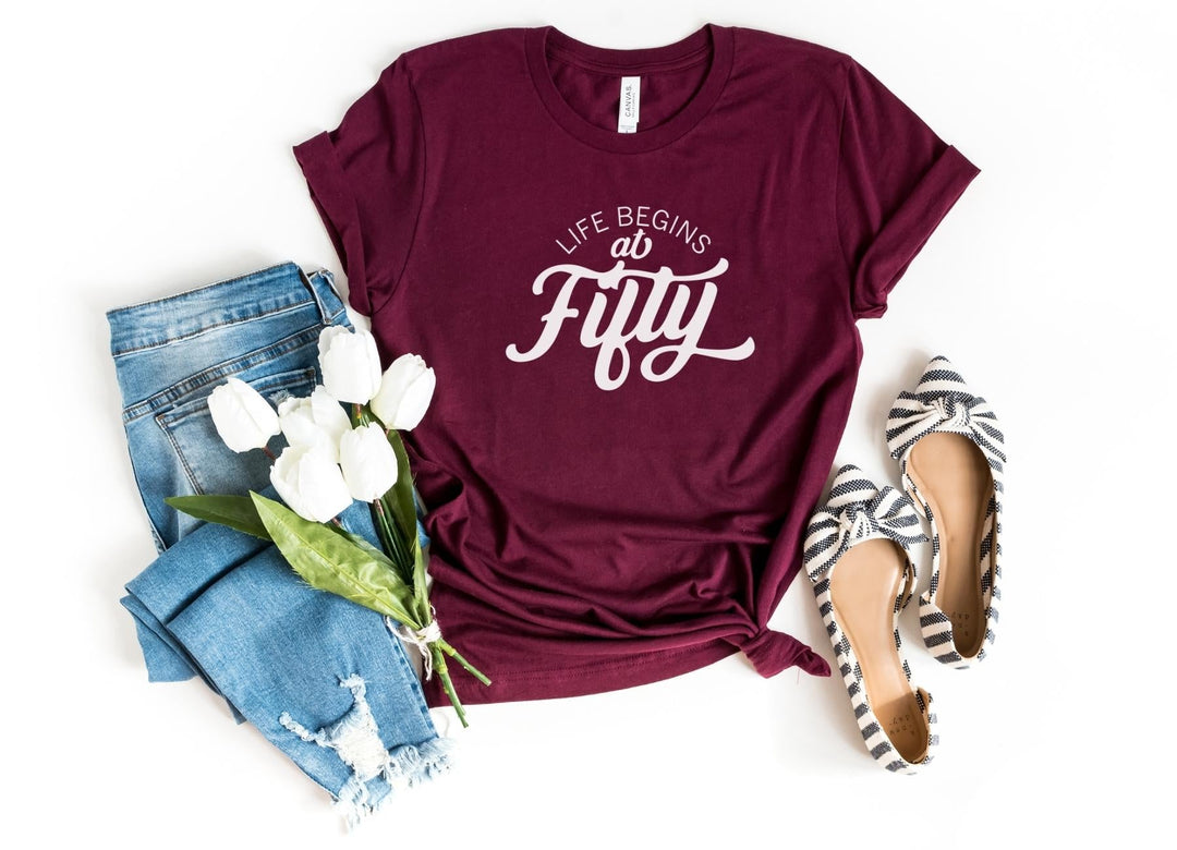 Shirts & Tops-Life Begins At Fifty T-Shirt-S-Maroon-Jack N Roy