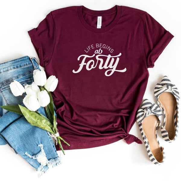 T-Shirt-Life Begins At Forty T-Shirt-S-Maroon-Jack N Roy