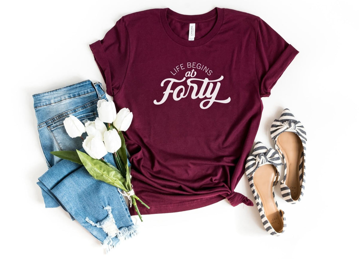 T-Shirt-Life Begins At Forty T-Shirt-S-Maroon-Jack N Roy