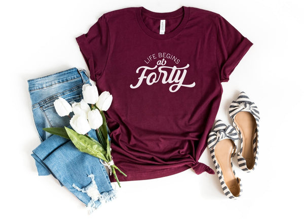 T-Shirt-Life Begins At Forty T-Shirt-S-Maroon-Jack N Roy