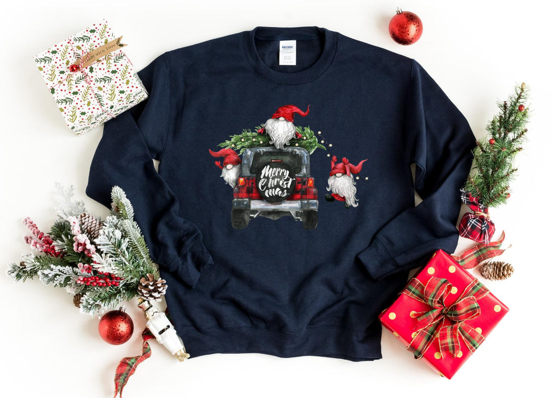 Sweatshirts-Gnomes On Christmas Truck Sweatshirt-S-Navy-Jack N Roy