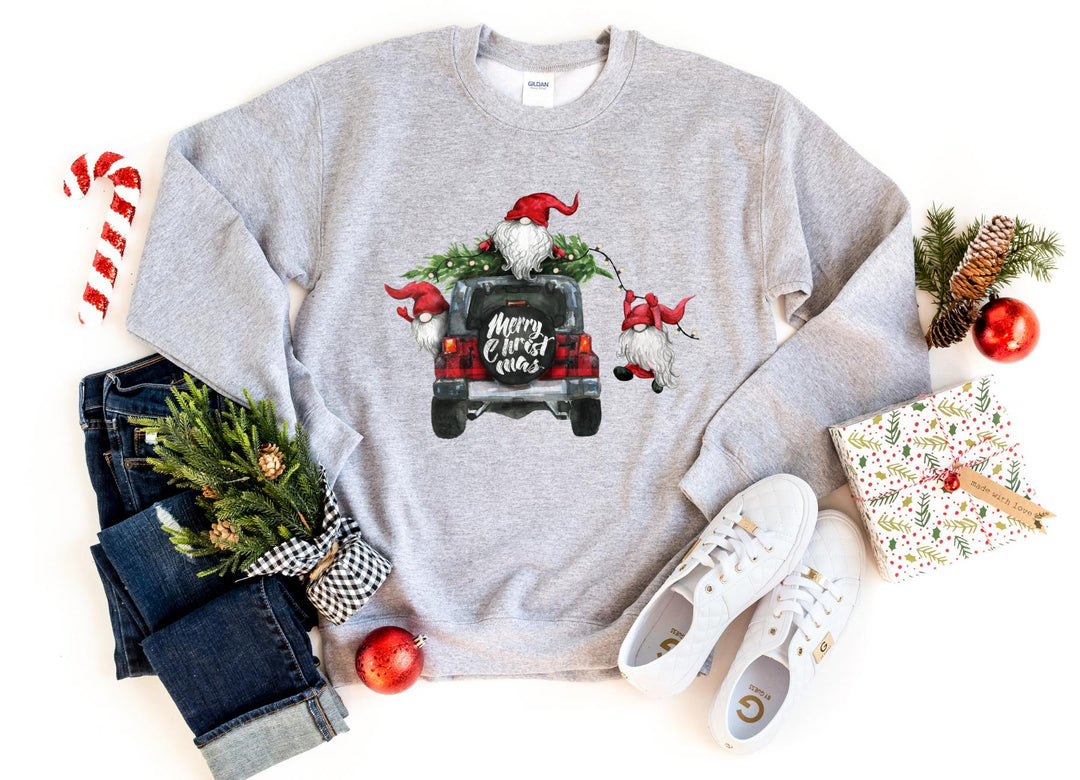 Sweatshirts-Gnomes On Christmas Truck Sweatshirt-S-Sport Grey-Jack N Roy
