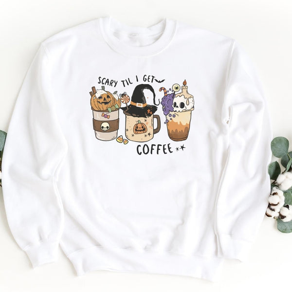 Sweatshirt-Scary Til I Get Coffee Sweatshirt-S-White-Jack N Roy
