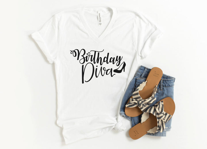 V-Neck Shirt-Birthday Diva V-Neck-S-White-Jack N Roy