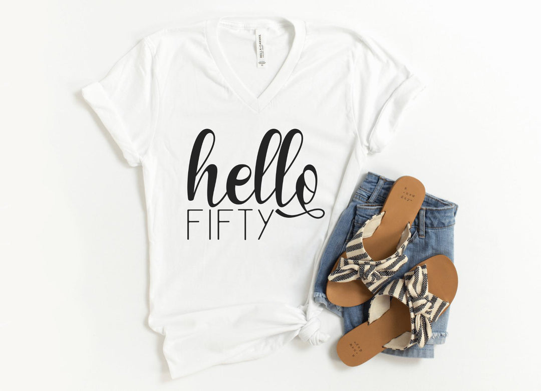 V-Neck Shirt-Hello Fifty V-Neck-S-White-Jack N Roy